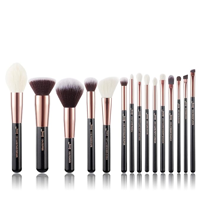 Jessup Makeup Brushes, Labeled Makeup Brush Set Premium Synthetic and Natural Hair Foundation Powder Concealer Eyeshadow Blending 15pcs Brush Kit, Rose Gold/Black T160-VivaGrace Women