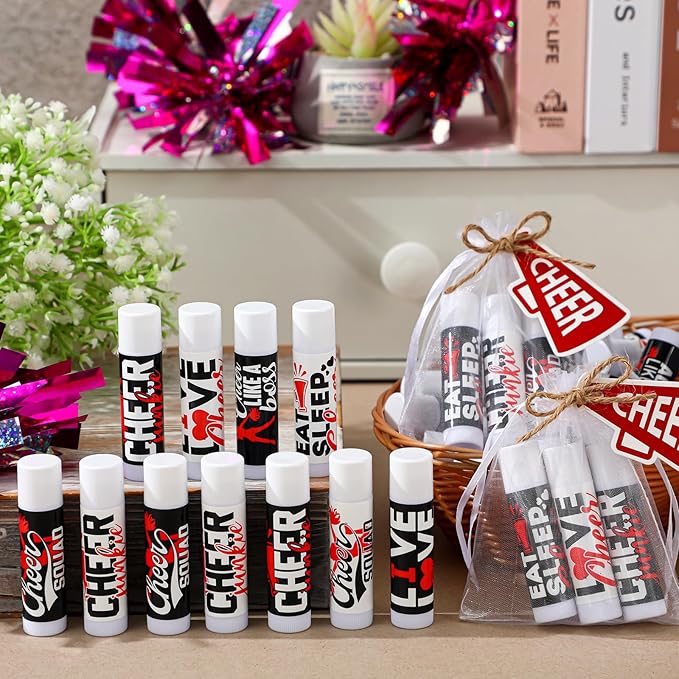 50 Sets Cheer Gifts Bulk 50 Cheer Lip Balm Bulk Moisturizing with 50 Organza Drawstring Gift Bags 50 Tags Cheerleader Gifts Cheer Gifts Bulk for Team (Red)-VivaGrace Women