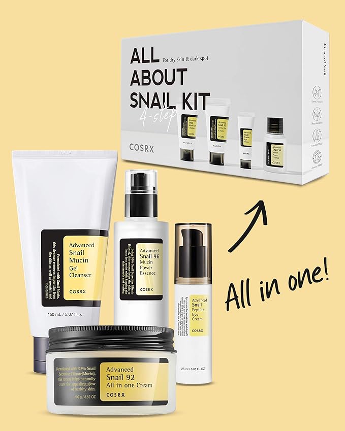 COSRX All About Snail Korean Skincare | TSA Approved Travel Size, Gift Set with Face Gel Cleanser, Essence, Cream & Eye-cream, Repairing, Recovering, Rejuvenating Kit with Snail Mucin, Korean Skincare-VivaGrace Women