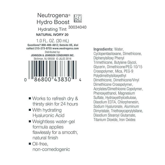 Neutrogena Hydro Boost Hydrating Tint Foundation Makeup for Dry Skin, with Hyaluronic Acid, Lightweight Oil-Free Water Gel, Non-Comedogenic, 20 Natural Ivory, 1.0 fl. oz-VivaGrace Women