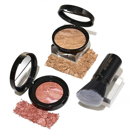 Blush-n-Glow Kit (3 PC): LAURA GELLER NEW YORK Baked Balance-N-Glow Illuminating CC Powder Foundation Golden Medium, Retractable Kabuki Brush, Baked Blush-N-Brighten Pink Grapefruit-VivaGrace Women