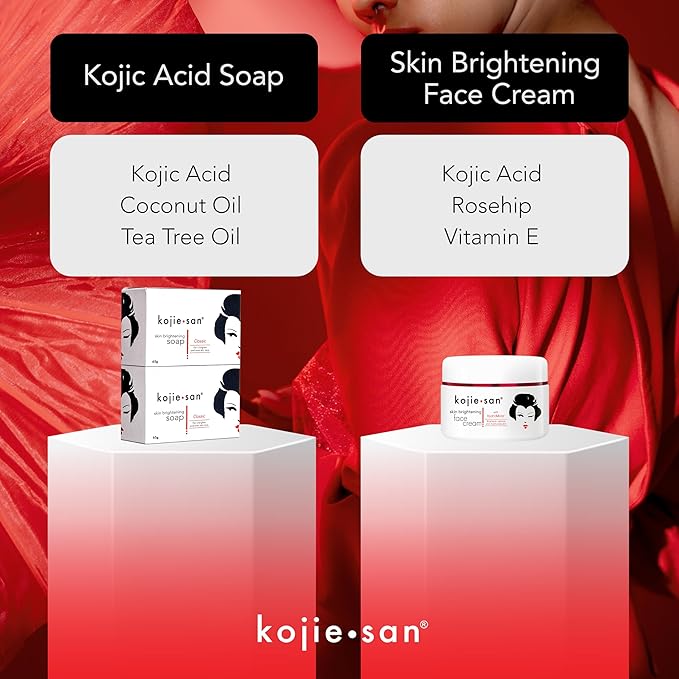 Kojie San Skincare Bundle - Facial Brightening Set with 2 Bars of Kojic Acid Soap, Face Cream & Exfoliating Face Brush-VivaGrace Women