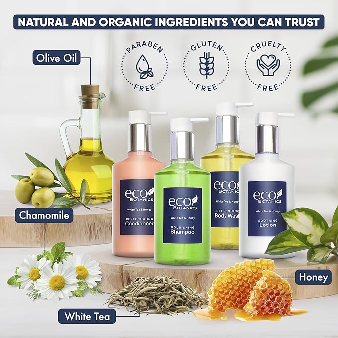1-Shoppe Eco Botanics 10 Piece Ecobox All-In-Kit | White Tea and Honey Soap | 3 Shampoo, 2 Conditioner, 3 Body Wash & 2 Lotion | 10.14oz Hotel Soaps and Toiletries Bulk | Personal Care Products-VivaGrace Women