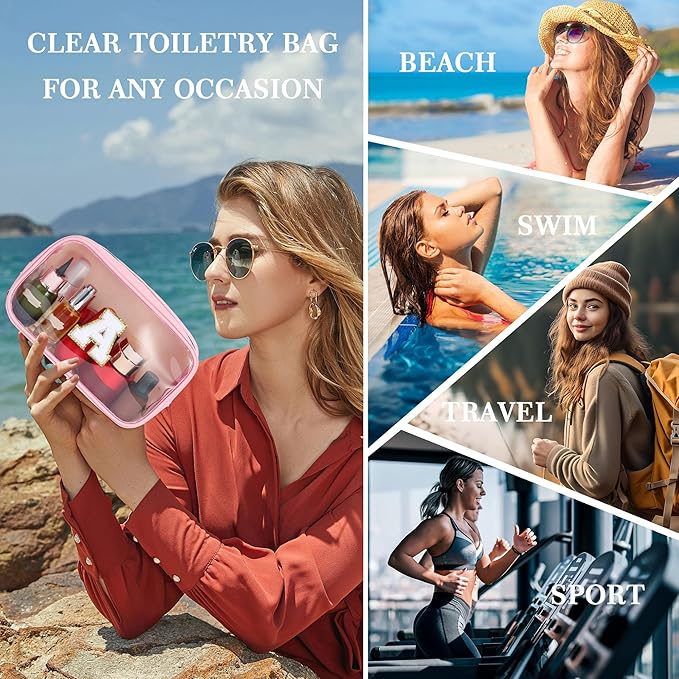 YOOLIFE Initial Travel Makeup Bag Pouch, Clear Toiletry Bag for Women Travel Accessories Cosmetic Bag Skin Care for Teen Make Up Bags Birthday Gifts for Women Unique Teacher Mom Friends Gifts Pink R-VivaGrace Women