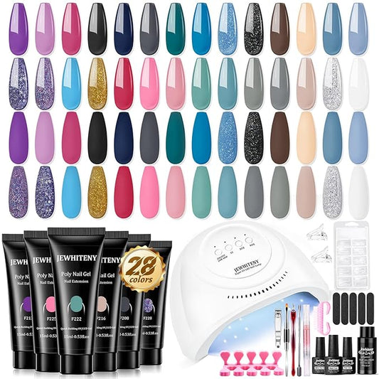 JEWHITENY 28 Colors Poly Nail Gel Kit with Base Top Coat Purple Blue Yellow Nude Pink Glitter Shades Quick-Dry for Beginners DIY Need U V Lamp Curing-VivaGrace Women