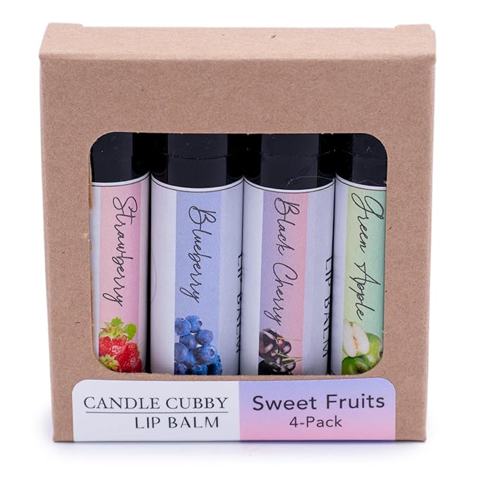 Lip Balm Sweet Fruits 4-Pack, Strawberry Blueberry Black Cherry Green Apple, Natural Beeswax, Moisturizing Lip Treatment, 4 Tubes, 0.15 oz., White-VivaGrace Women