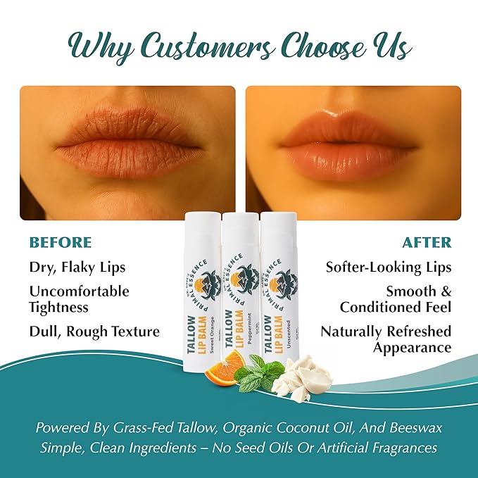 Moisturizing Tallow Lip Balm – Grass-Fed Beef Tallow with Organic Coconut Oil, Beeswax, and Vitamin E – Lip Balm Set – Variety Pack – Travel Essential – 3-Pack-VivaGrace Women