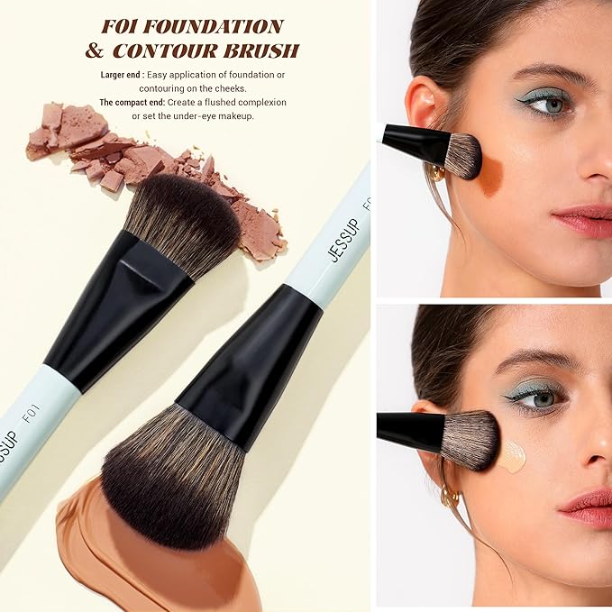 Jessup Face Makeup Brushes with Makeup Sponge, 3pcs Double Ended Makeup Brush for Foundation Contour Blush Highlight and Concealer Brush, Premium Synthetic Brush Set with Gift Box, T510-VivaGrace Women