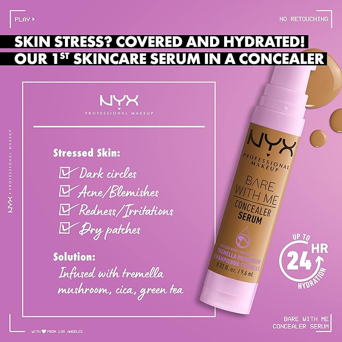 NYX PROFESSIONAL MAKEUP Bare With Me Concealer Serum, Up To 24Hr Hydration - Medium Golden-VivaGrace Women