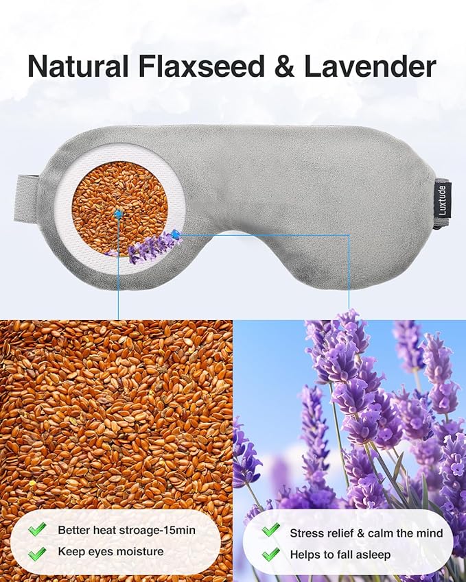 Luxtude Heated Eye Masks for Dry Eyes with Flaxseed & Lavender, Microwave Warm Eye Compress Moist Heat, Weighted Eye Mask for Sleeping, Hot Stye Eye Compress for Puffy Eyes, Dark Circles (Gray)-VivaGrace Women