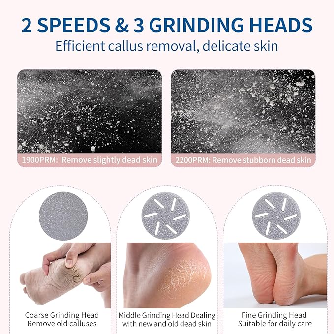 Electric Foot Callus Remover with Dander Vacuum, Rechargeable Waterproof Professional Portable Pedicure Tool, 3 Roller & 2 Speeds Electric Foot File Kit for Care of Dead Skin,Chapped,Callus,Cracks-VivaGrace Women