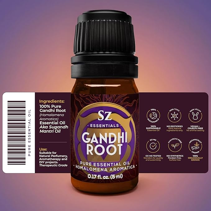 Gandhi Root Essential Oil, 100% Pure Sugandh Mantri Oil, Steam Distilled from Homalomena Aromatica - Sweet & Woody Scent w/Earthy Overtones - Therapeutic Grade & Vegan - 0.17oz (5ml)-VivaGrace Women
