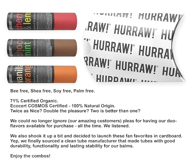 Hurraw! Cherry Lemon, Chocolate Mint & Vanilla Orange Lip Balm 3 Pack Bundle: Plastic-Free with new cardboard push-up tube. Certified Organic, Natural & Vegan. Bee, Shea, Soy & Palm Free. Made in USA-VivaGrace Women