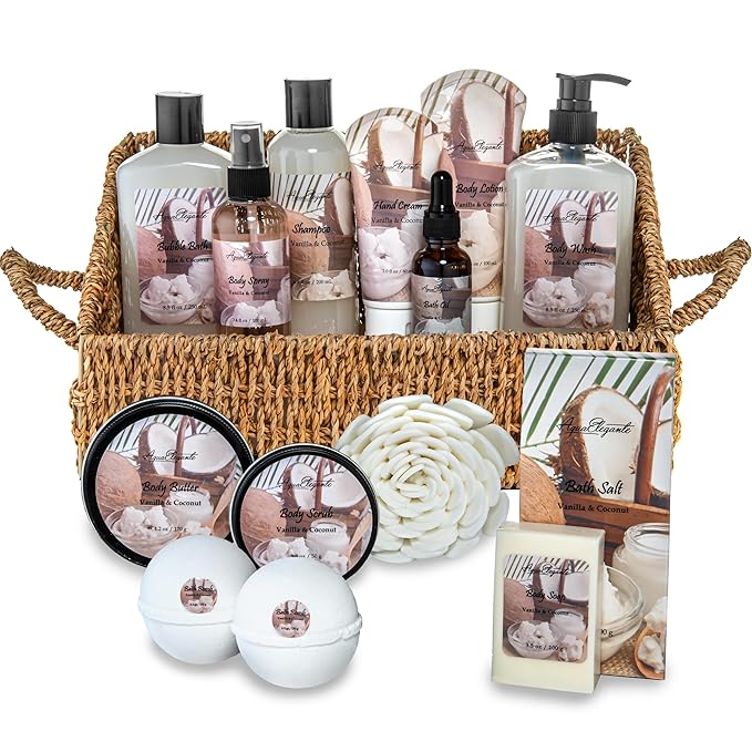Bath Spa Gift Sets - Luxury Basket With Coconut & Vanilla - Spa Kit Includes Wash, Bubble Bath, Lotion, Bath Salts, Body Scrub, Shower Puff, Bathbombs, Soap in Wooden Basket-VivaGrace Women