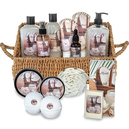 Bath Spa Gift Sets - Luxury Basket With Coconut & Vanilla - Spa Kit Includes Wash, Bubble Bath, Lotion, Bath Salts, Body Scrub, Shower Puff, Bathbombs, Soap in Wooden Basket-VivaGrace Women