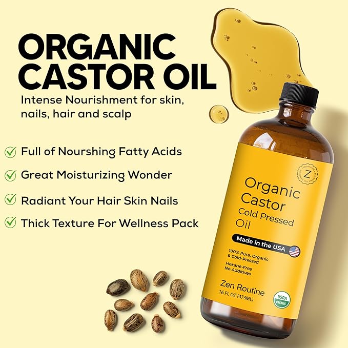 Zen Routine New (Glass Bottle) Organic Castor Oil 16oz – Hexane Free – Hair Growth Oil, Eye Lashes & Stomach, 100% Cold Pressed Unrefined Pure for Castor Pack Wrap – USDA Certified, Made in the USA-VivaGrace Women