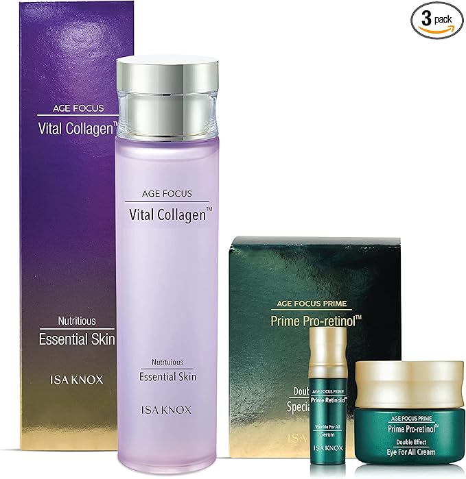 ISA KNOX Age Focus Vital Collagen Essential Toner, Prime Wrinkle for All Serum & Prime Eye for All Cream with Vitamins C, B12 & E (177 ml/5.99 fl oz) Korean Skincare-VivaGrace Women