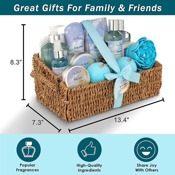Bath Spa Gift Sets - Luxury Basket With Ocean & Coconut - Spa Kit Includes Wash, Bubble Bath, Lotion, Bath Salts, Body Scrub, Shower Puff, Bathbombs, Soap and Towel-VivaGrace Women