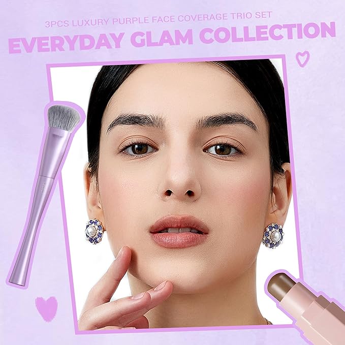 Jessup Face Makeup Brush Set 3 pcs, Ultra-Soft Dense Makeup Brushes for Foundation Contour Powder and Blush, Premium Synthetic Fiber, Luxury Purple T513-VivaGrace Women