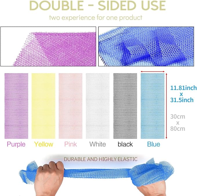UJFQBH 6 Pieces African Bath Sponge African Net Long Net Bath Sponge Exfoliating Shower Body Scrubber Back Scrubber Skin Smoother,Great for Daily Use (Pink, Yellow, Purple, Blue, Black, Off-White)-VivaGrace Women