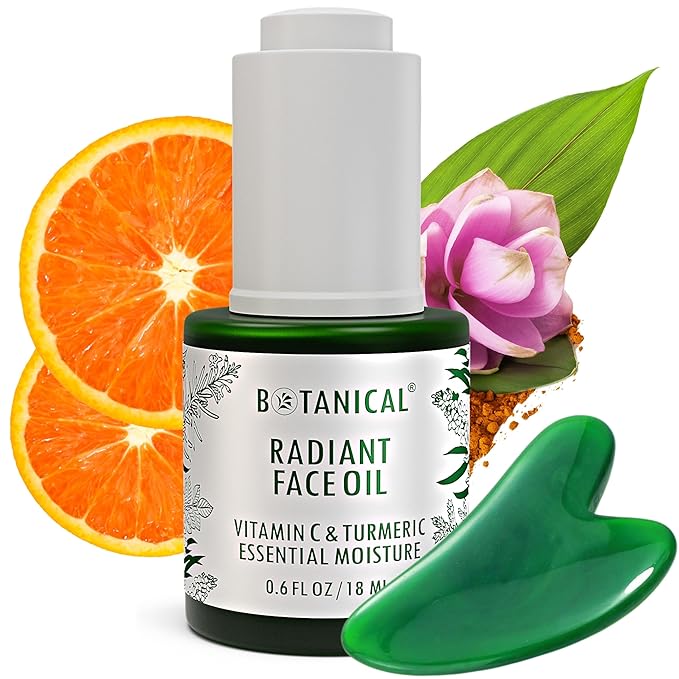 Botanical Radiant Face Oil | Skin Brightening Turmeric & Vitamin C Serum w/Gua Sha Lift Scraper | Organic, Pure, Natural Skincare (0.6 fl oz | 18 ml)-VivaGrace Women