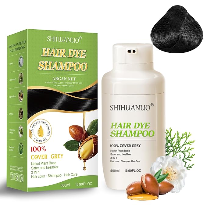 Black Hair Dye Shampoo 3 in 1 for Gray Hair Coverage Argan nut Natural Shampoo Black Hair Dye for Women & Men/Ammonia-Free 500ml-VivaGrace Women