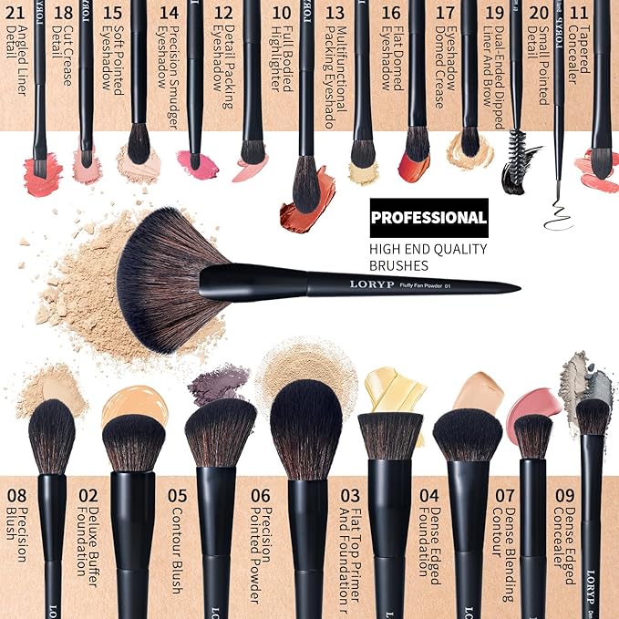 LORYP Black Makeup Brushes Set 21Pcs Powder Blush Foundation Concealer Highlighter Brush Vegan Pro Face and Eye Brush Kit-VivaGrace Women