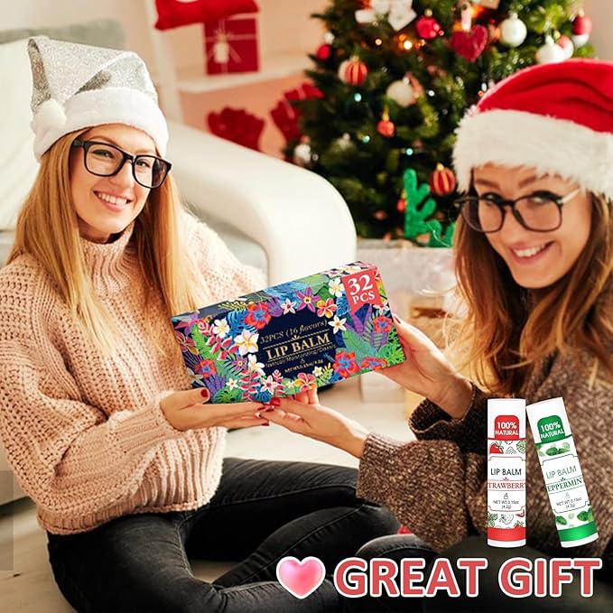 32 Pack Lip Balm, Natural Lip Balm Bulk with Vitamin E and Coconut Oil, Hydrating Lip Balm for Dry Lips, Bulk Lip Balm for Stocking Stuffers - 16 Flavors-VivaGrace Women