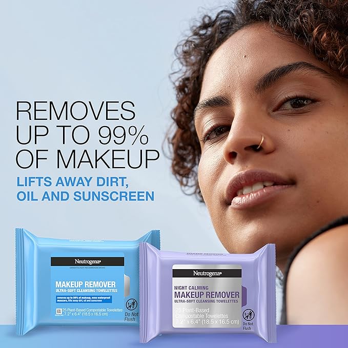 Neutrogena Day & Night Wipes, Makeup Remover Face Cleansing Towelettes & Night Calming Facial Cloths, 100% Plant Based Fibers Wipe Away Dirt, Alcohol-Free, 3 Packs of 25 ct, 75 ct-VivaGrace Women
