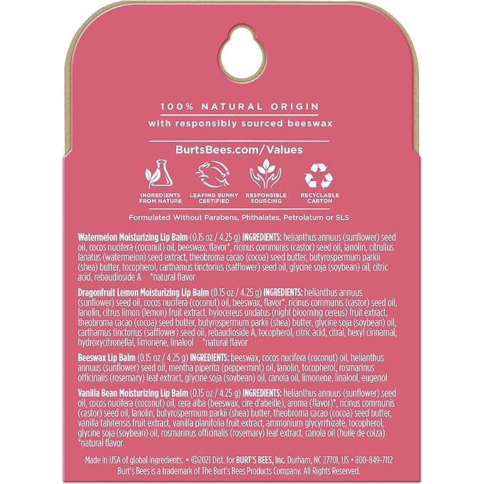Burt's Bees Lip Balm, Moisturizing Lip Care, 100% Natural, Discover U - Original Beeswax, Watermelon, Dragonfruit Lemon & Vanilla (4 Pack)-VivaGrace Women