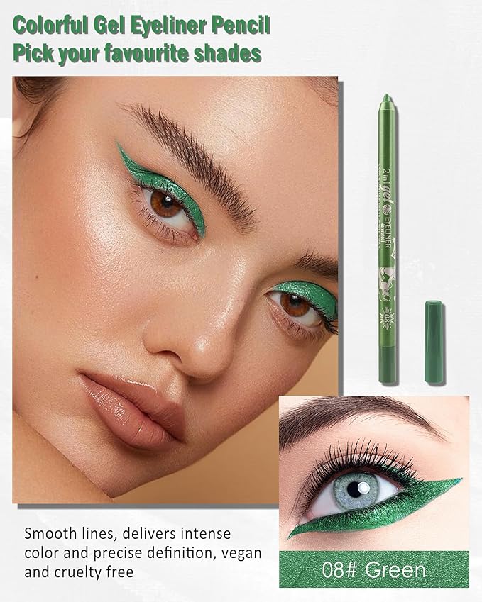 Green Eyeliner Pencil Gel, Sharpenable Multi-Use Colorful Eyeliner Waterline Waterproof Smudge-Proof Long Stay, High Pigmented Shimmer Cream Eye Liner Pen with Sharpener, Safe for Sensitive Eyes-08