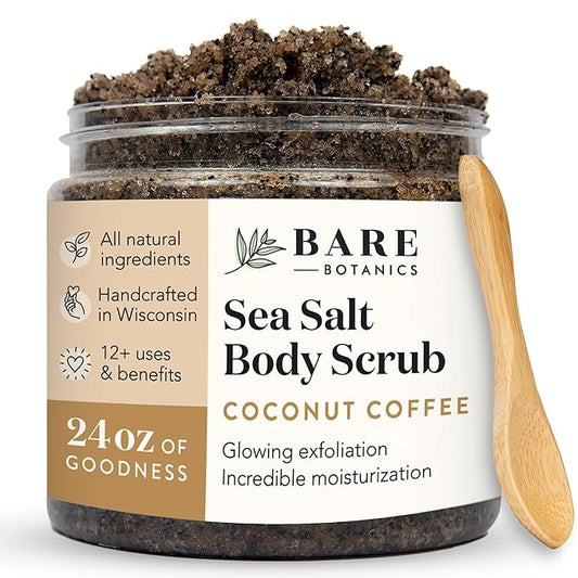 Bare Botanics Coconut Coffee Body Scrub 24oz | Made in Madison, WI | All Natural Sea Salt Exfoliator w/ Skin Loving Moisturizers | Vegan & Cruelty Free | Gift Ready Packaging w/ a Cute Wooden Spoon-VivaGrace Women