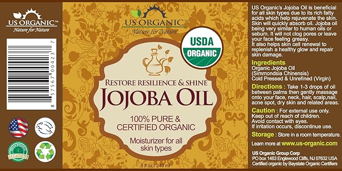 US Organic Jojoba Oil, USDA Certified Organic,100% Pure & Natural, Cold Pressed Virgin, Unrefined, Haxane Free, Sourced from Middle East directly (Large (8oz, 240ml))-VivaGrace Women