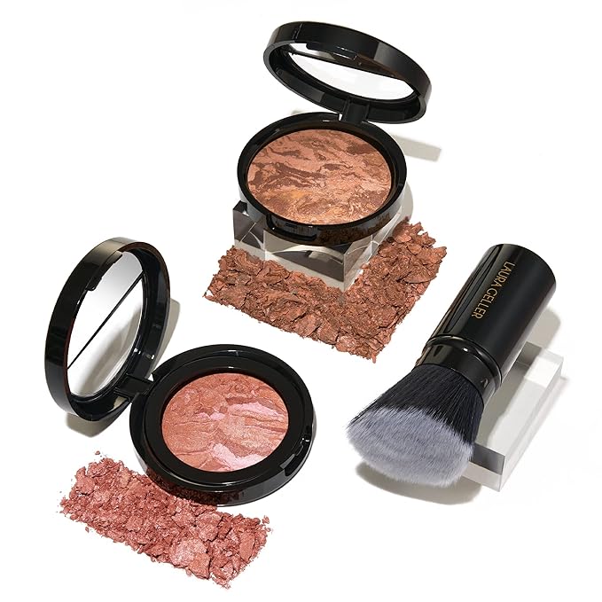 LAURA GELLER NEW YORK Blush-n-Glow Kit (3 PC): Baked Balance-N-Glow Illuminating Powder Foundation, Tan + Retractable Kabuki Brush + Baked Blush-N-Brighten, Pink Grapefruit-VivaGrace Women