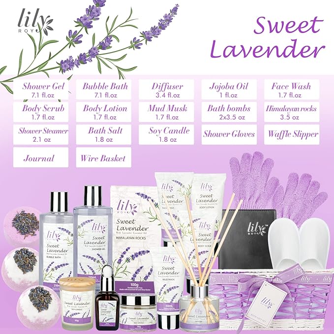 Mothers Day Gift for Mom - Relaxing 18-Piece Bath and Body Basket for Women Lavender Spa Gift Basket Set Bath Collection with Bath Bomb | Christmas, Birthday, Perfect Spa Present for Her All Occasions-VivaGrace Women