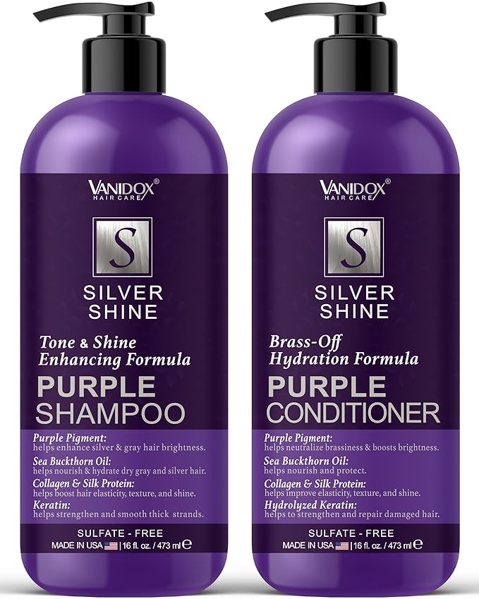 Sulfate Free Brass Toning Purple Shampoo and Conditioner Set for Grey and Silver Hair, Moisturizing & Color-Safe, Enhances Shine & Brightness, Made in USA (16 fl oz each)-VivaGrace Women
