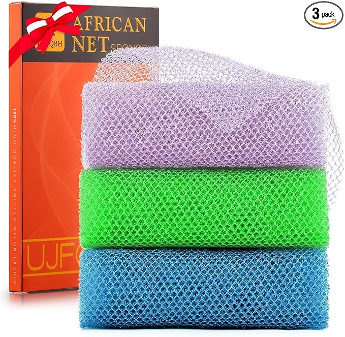 UJFQBH 3 Pieces African exfoliating net African Net Long Net Bath Sponge Exfoliating Shower Body Scrubber Back Scrubber Skin Smoother,Great for Daily Use (Purple, Blue, Green)-VivaGrace Women