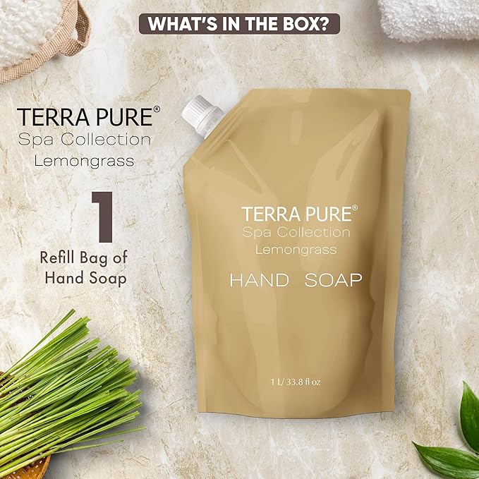 Terra Pure Spa Collection 1 Liter Hand Wash Refill Bag For Soap Dispensers | Bulk Toiletries for Vacation Rentals, and Home Bathroom Showers | Green Tea Lemongrass | Single-VivaGrace Women