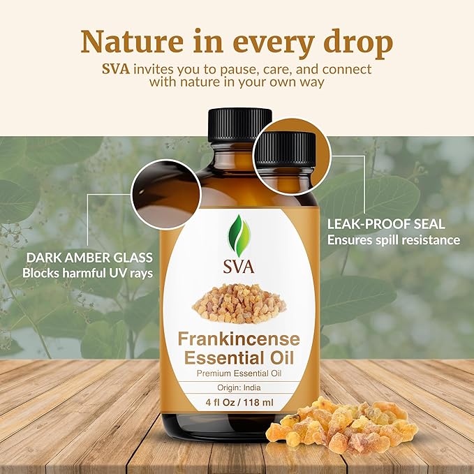 SVA Frankincense Essential Oil – 4 Fl Oz – 100% Natural Boswellia Serrata Oil - for Diffuser, Hair Care, Face, Skin Care, Aromatherapy, Scalp and Body Massage, Soap and Candle Making – with Dropper-VivaGrace Women