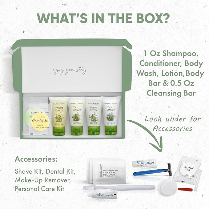 Amenity & Accessory Kit | 1 oz Travel Size Shampoo, Conditioner, Lotion, Body Wash, Body Bar, Cleansing Bar, Shave & Dental Sets, Make-Up Remover Wipes, & Vanity Kit | 1 set per case-VivaGrace Women