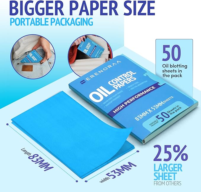 Oil Blotting Sheets for Face - Portable 1x50 Blue Oil Wipes Sheets for Face - Japanese High Performance Technology Makeup Blotting Paper -Grain Free Softer Oil Pads Absorbing Face Oil Tissues for Face-VivaGrace Women