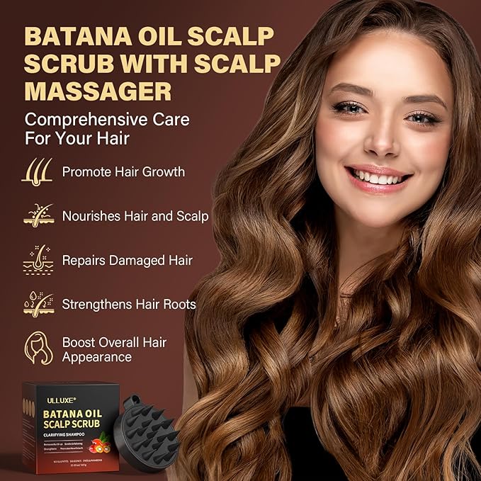 Scalp Scrub, 2-in-1 Scalp Exfoliator & Clarifying Shampoo for Dandruff, Dry, Itchy Scalp & Hair Growth, Batana Oil & Rosemary Scalp Treatment with Scalp Massager for Buildup & Thinning Hair, 10.93 oz-VivaGrace Women