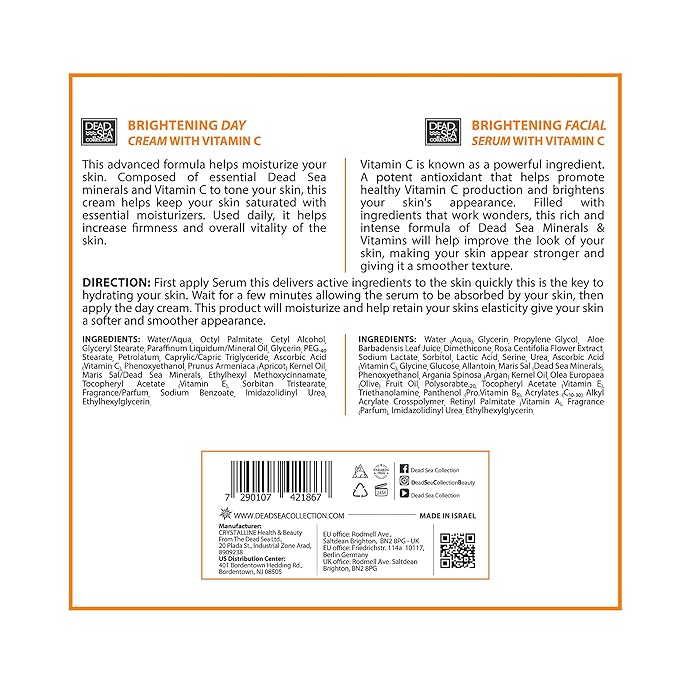 Dead Sea Collection Facial Vitamin C Kit - Day Cream (1.69fl.oz/50ml jar) & Facial Serum (1.69fl.oz/50ml bottle) - Pure Dead Sea Minerals - Anti-Wrinkle Hydration Smooth and Moisturized Skin-VivaGrace Women