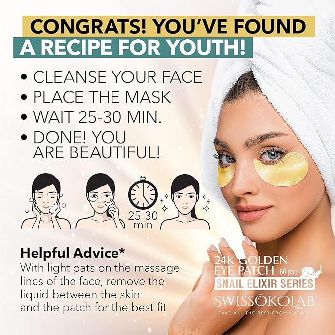 SWISSÖKOLAB Under Eye Patches For Puffy Eyes 24k Gold Eye Mask Dark Circles And Puffiness Collagen Eye Gel Pads Moisturizing & Reducing Wrinkles Anti-Aging Hyaluronic Acid (Snail Series)-VivaGrace Women