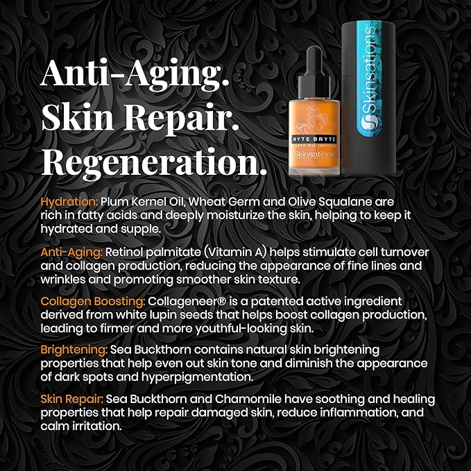 Skinsations - Retinol Face Oil Infusion - NYTE BRYTE - Anti-Aging, Collagen Boosting, Antioxidant Protection, Skin Care - Retinol, Plum Kernel Oil, Sea Buckthorn, Wheat Germ Oil, Vitamin A, Vitamin E-VivaGrace Women