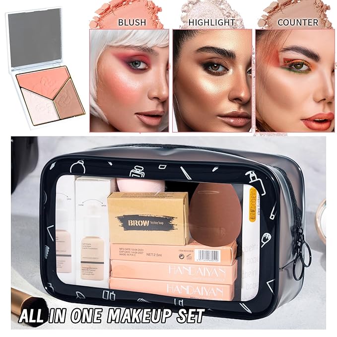 Makeup Set Kit for Women Full Kit, Makeup Gift for Makeup Beginner, Eyeshadow Foundation Face Primer Brush 3 in 1 Palette Lip Gloss, Eyebrow Soap Mascara Eyeliner cosmetic bag-VivaGrace Women