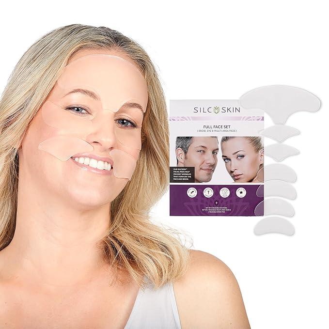 SilcSkin Full Face Set, Helps with Face & Brow Wrinkles from Sun Aging Side Sleeping, Reusable Self Adhesive Medical Grade Silicone, 1 Brow Pad, 4 Eye Pads, 2 Multi-Area Pads - 45 Day Supply-VivaGrace Women