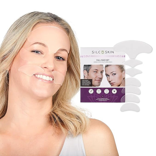 SilcSkin Full Face Set, Helps with Face & Brow Wrinkles from Sun Aging Side Sleeping, Reusable Self Adhesive Medical Grade Silicone, 1 Brow Pad, 4 Eye Pads, 2 Multi-Area Pads - 45 Day Supply-VivaGrace Women