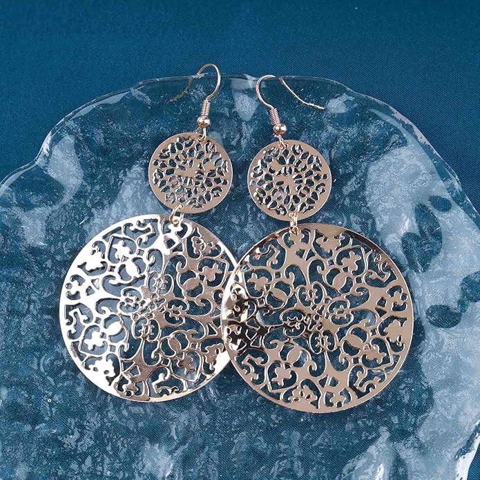 Filigree Hollow Disc Dangle Drop Earrings Boho Gold Ethnic Carved Flower Earrings Double Round Disc Drop Earrings Statement Hook Earrings Wedding Bridesmaid Jewelry for Women and Girls-VivaGrace Women