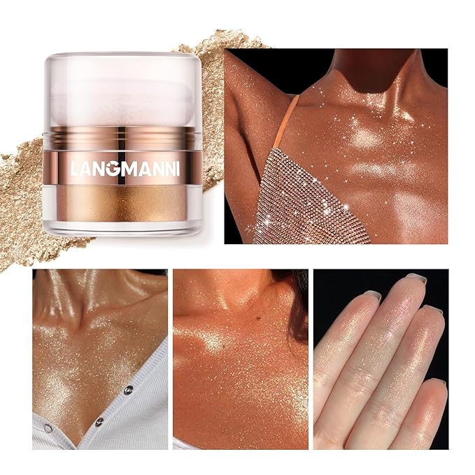 Glitter Body Highlighter Powder Body Shimmer Sparkle Face Brightening Highlighter Powder for Face Eyes Body Glow Makeup With sponge head（Purple）-VivaGrace Women